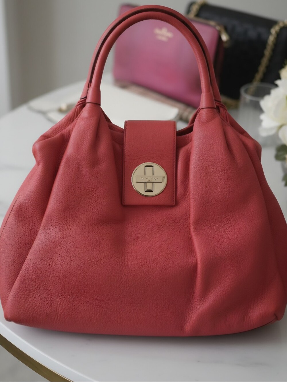 kate spade Coral Pink Pebbled Leather Tote with Gold Turn-Lock